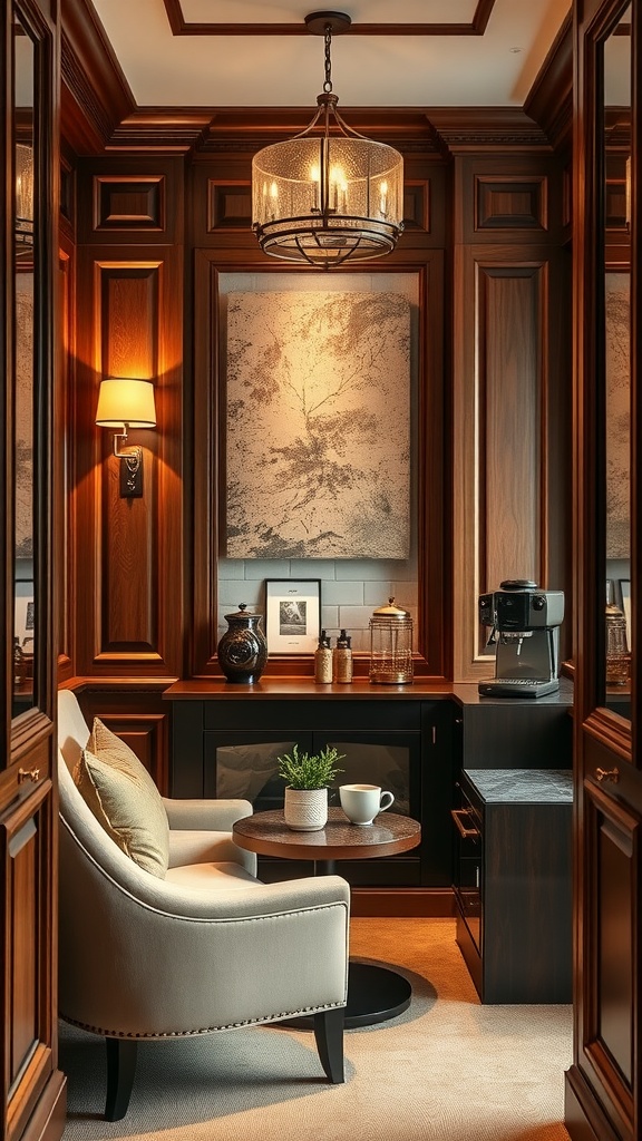 A cozy coffee nook with wooden walls, plush seating, and elegant lighting