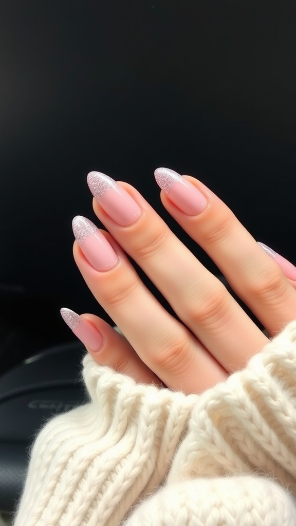 Nails painted in soft blush with glitter tips, styled elegantly against a cozy sweater.