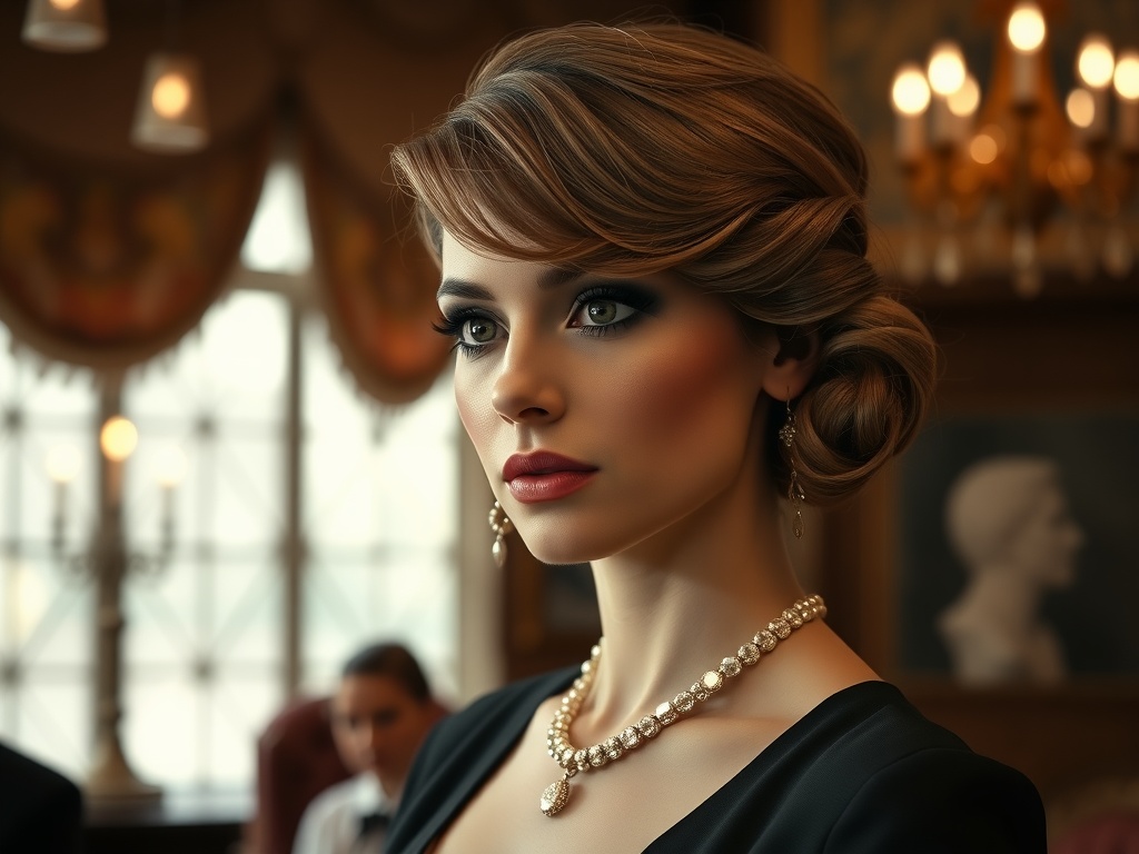 A woman with a classic side part hairstyle, elegantly dressed with pearls, in a sophisticated setting.