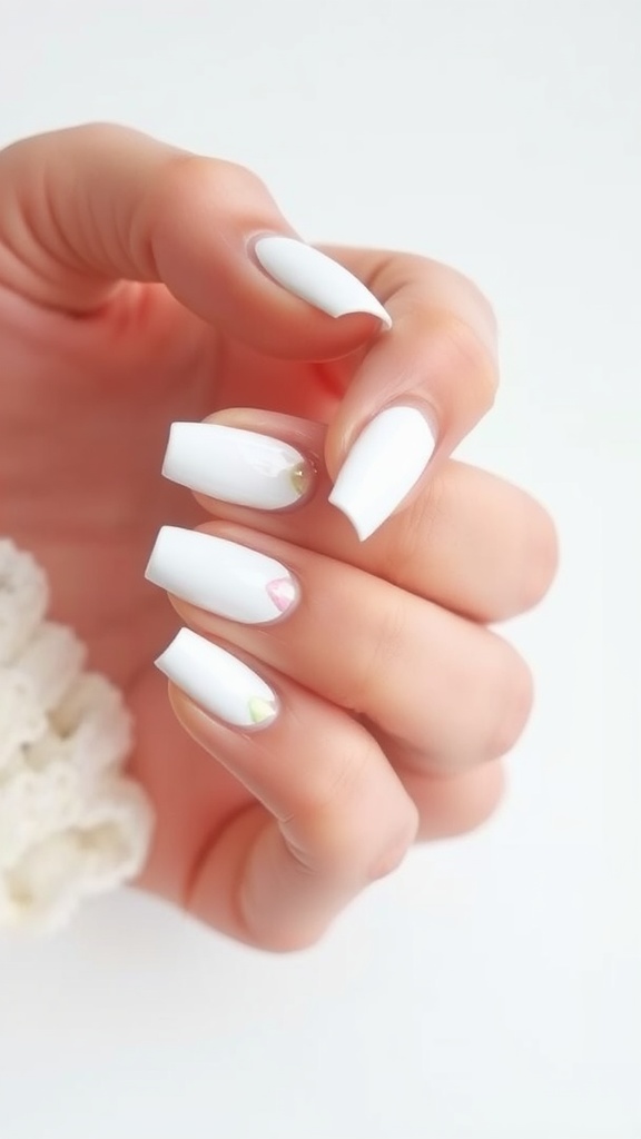A hand with classic white nails featuring pastel tips, surrounded by delicate flowers.