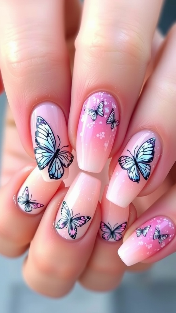 Ombre nail design featuring pastel colors and butterfly accents.