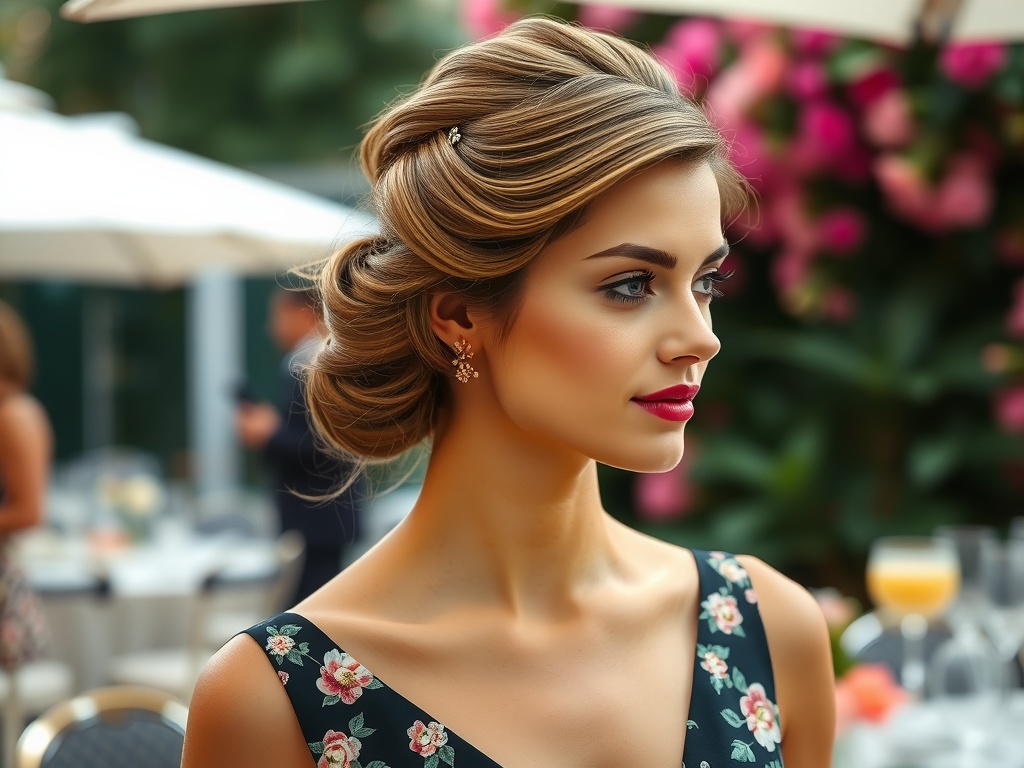 A woman with a sophisticated French twist hairstyle, wearing floral attire.