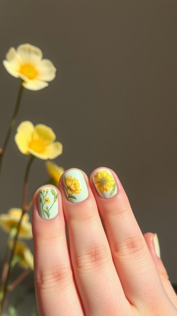 Mint green nails with yellow floral watercolor designs, showcasing spring vibes.
