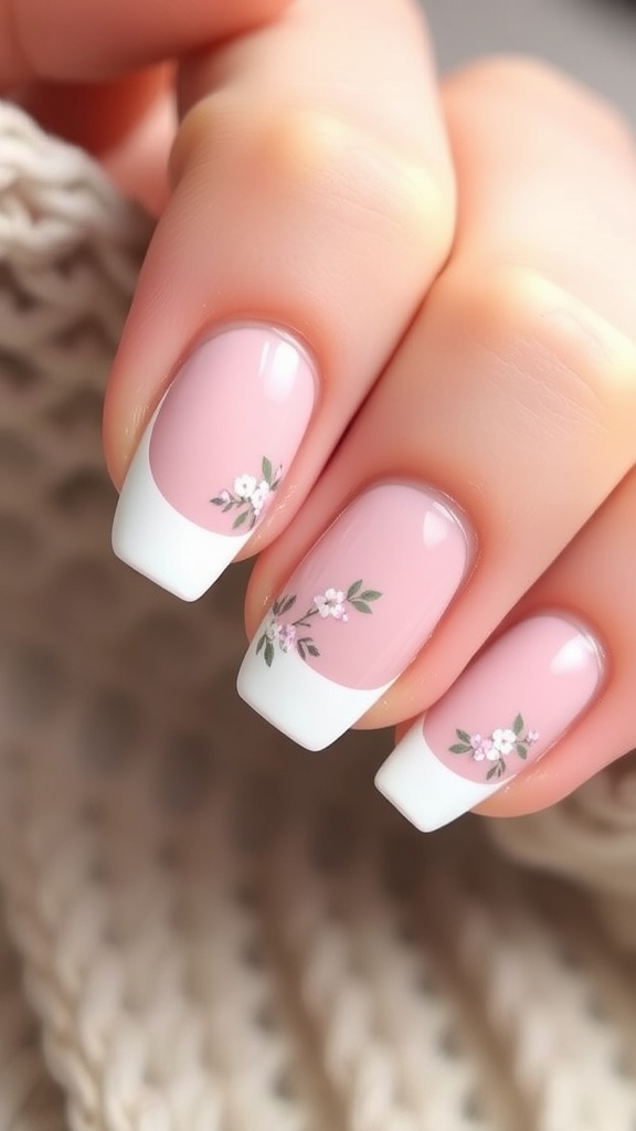 A soft pink background with delicate floral designs and small embellishments, representing fresh French tips with floral accents.