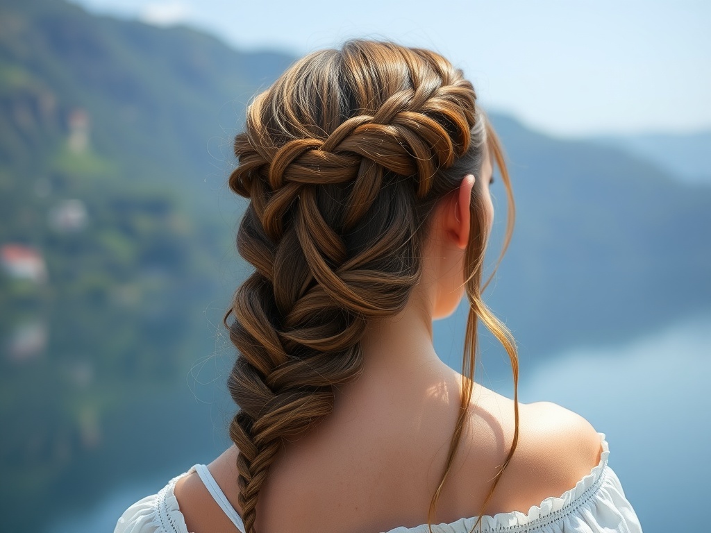 A woman with a beautiful waterfall braid hairstyle, surrounded by pink roses.
