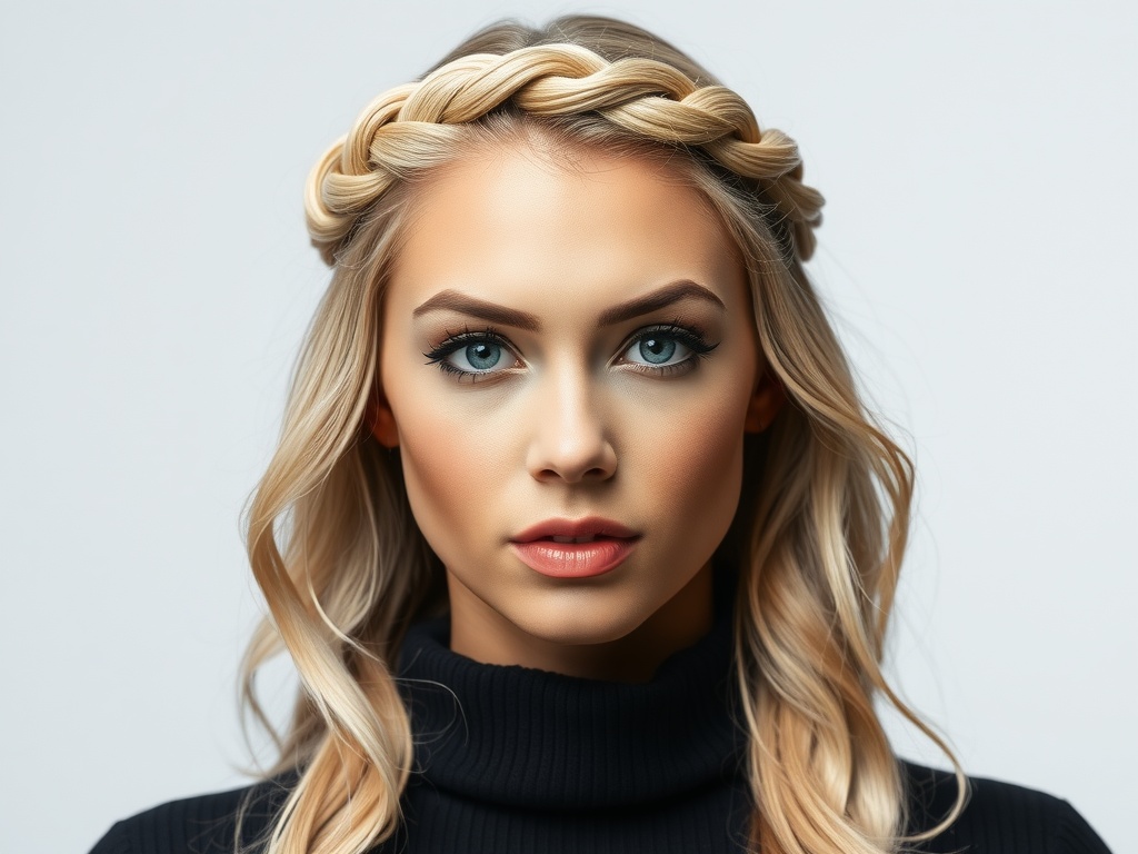 A woman with an intricate braided crown hairstyle, surrounded by greenery.