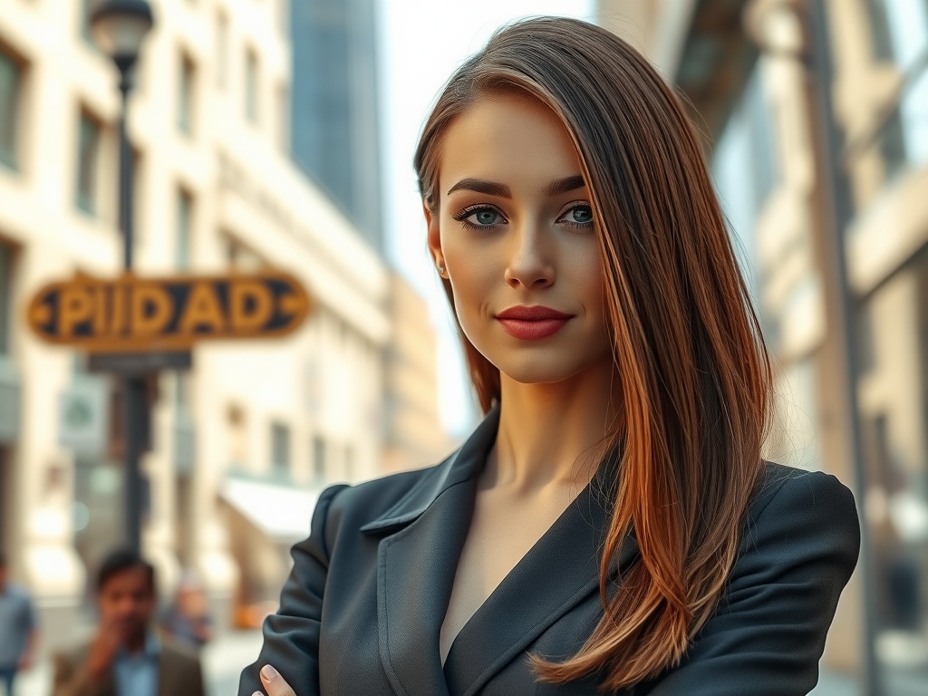 A woman with polished straight hair in a city setting, wearing a smart blazer.