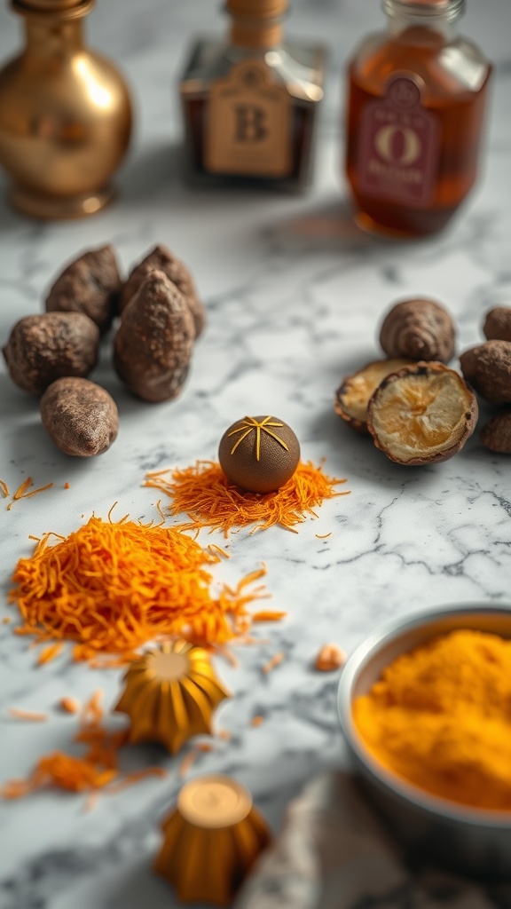 A collection of rare culinary ingredients including saffron, truffles, and edible gold on a marble countertop.