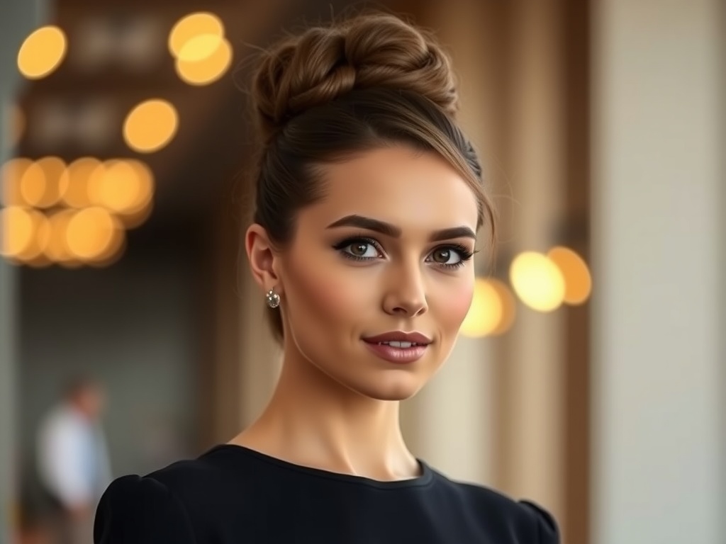 A sophisticated chignon bun hairstyle on a woman