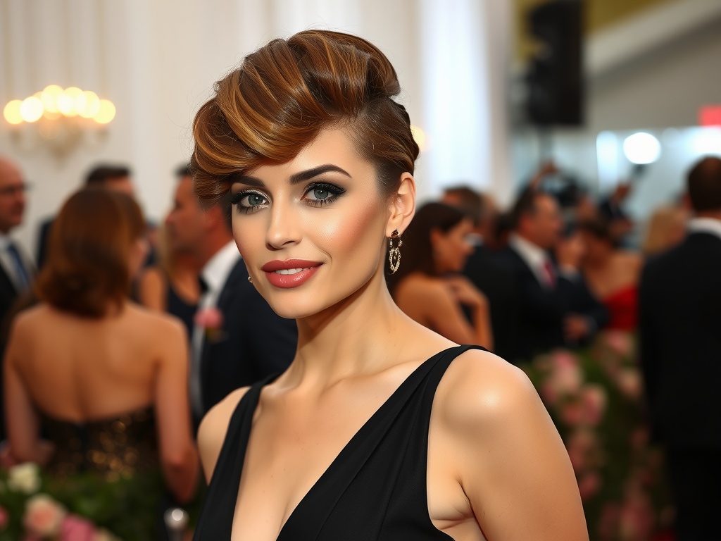 A woman showcasing a sophisticated vintage roll hairstyle, wearing a pearl necklace, exuding elegance.