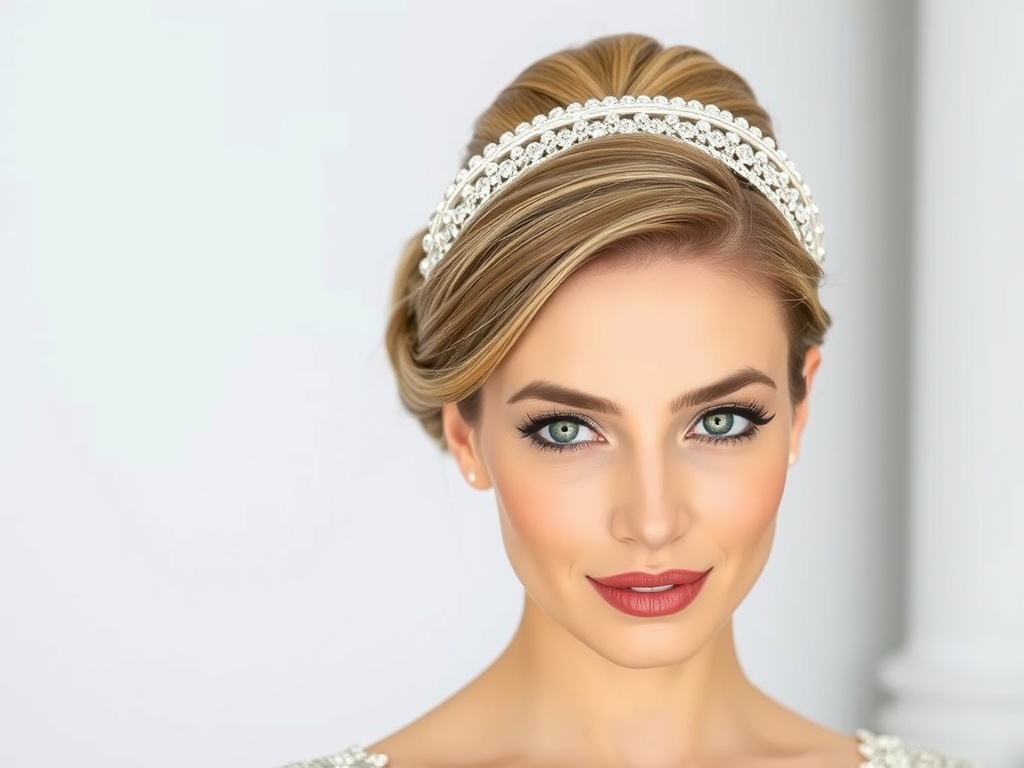 A woman showcasing an understated headband updo hairstyle