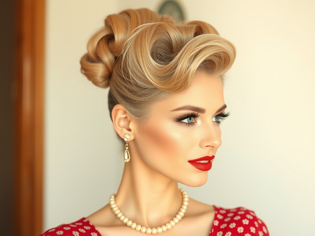 A woman with a vintage bouffant hairstyle, styled with elegance and sophistication.