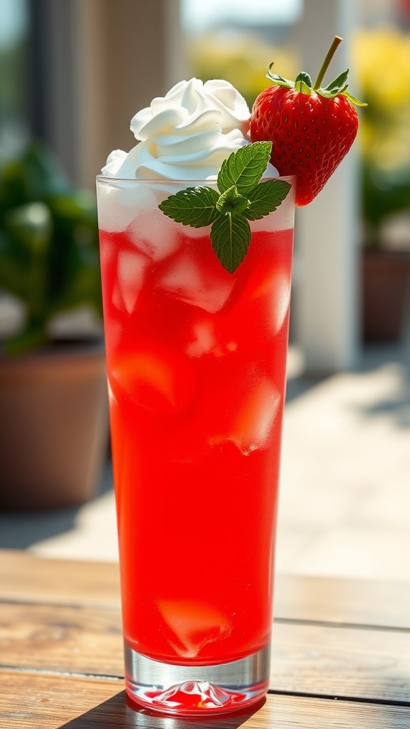A refreshing glass of strawberry cream soda topped with whipped cream and a strawberry, served outdoors.