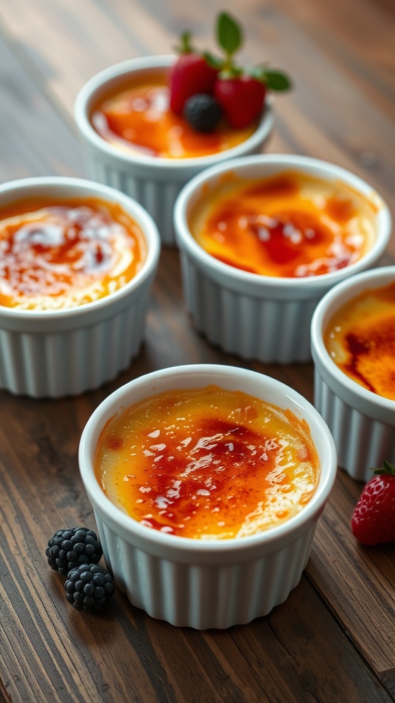 Elegant ramekins of crème brûlée with a caramelized sugar top and garnished with fresh berries.