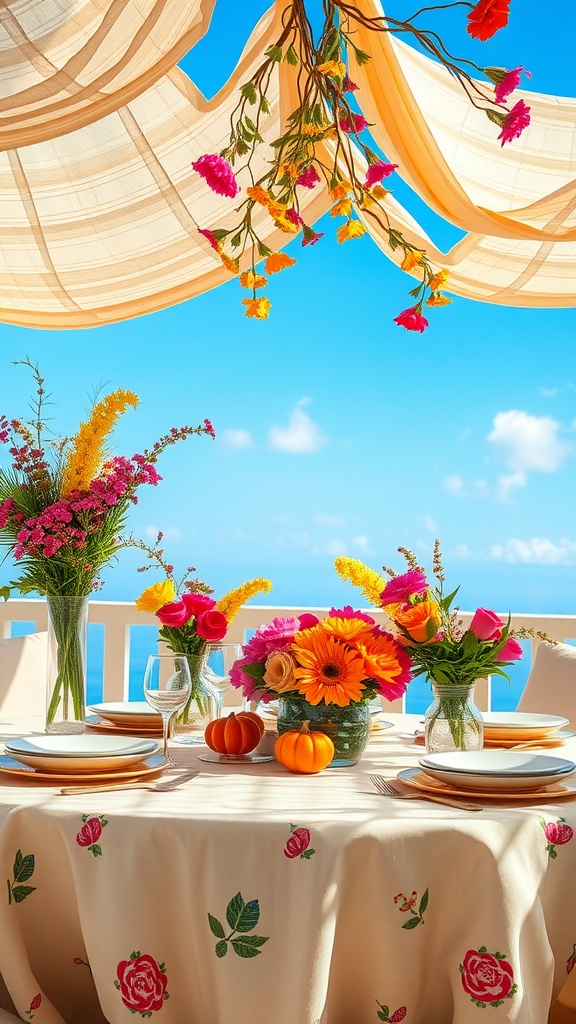 A bright and cheerful Easter tablescape with colorful flowers, pumpkins, and a sunny backdrop.