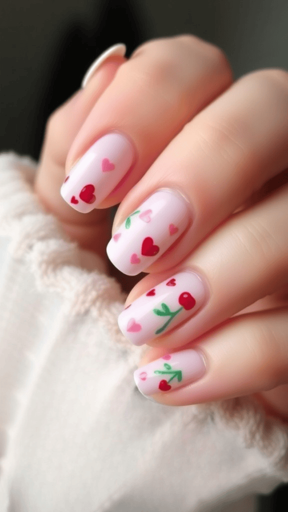 Cherry and heart nail design with red cherries and pink hearts on a light background.