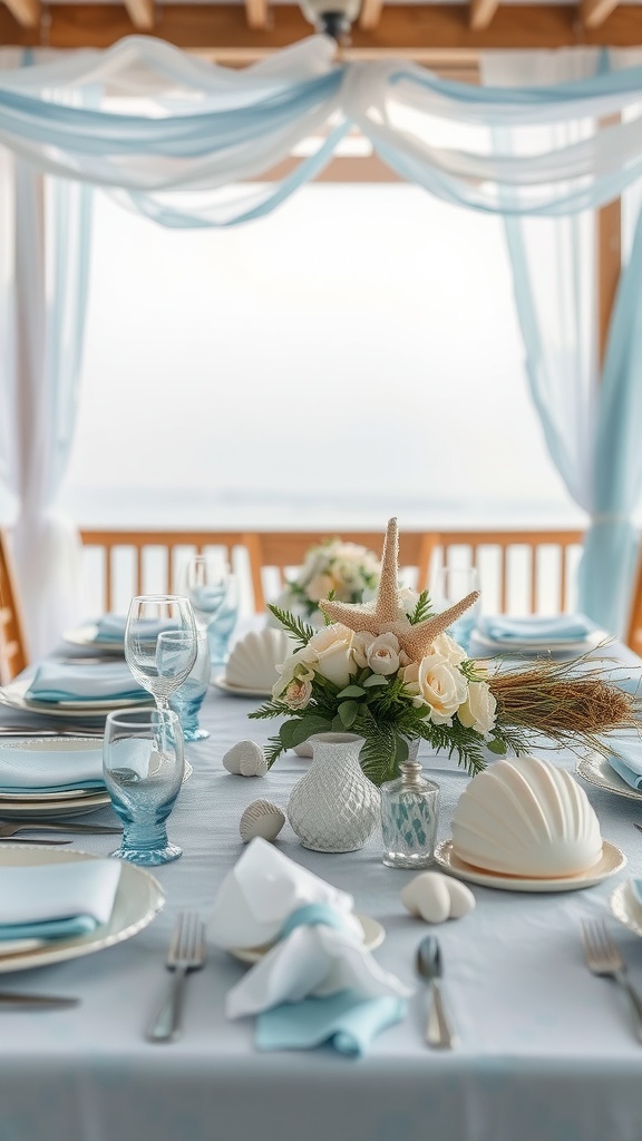 A coastal themed tablescape featuring soft blue and white tones with a floral centerpiece and nautical decorations.