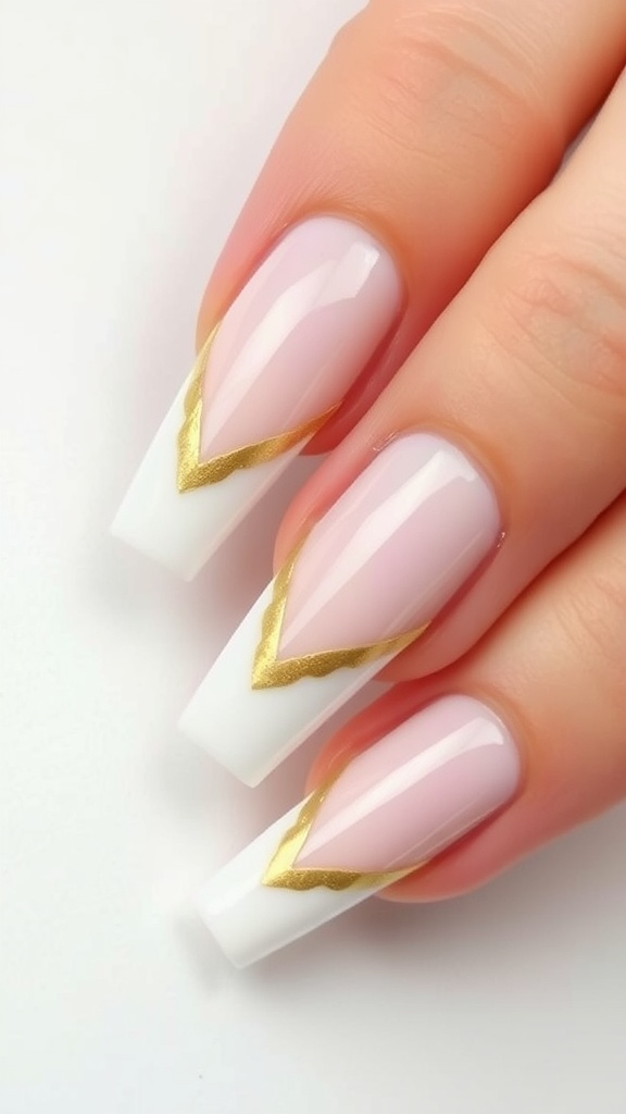 Elegant nails with a soft pink base and gold accents in a V-shape.