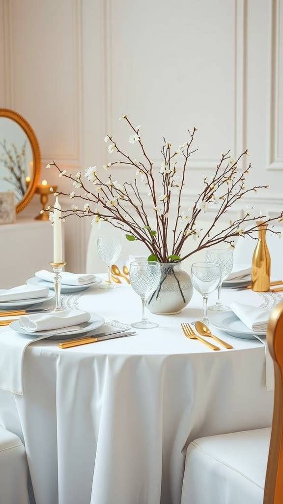 Elegant white and gold tablescape featuring a floral centerpiece, stylish dinnerware, and soft candlelight.