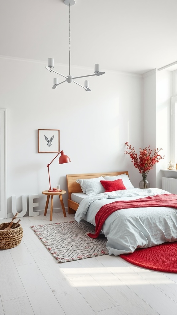 A minimalist Scandinavian bedroom featuring cherry red accents with a clean aesthetic.