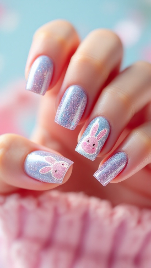 Nail art featuring glitter bunny designs on a light background.