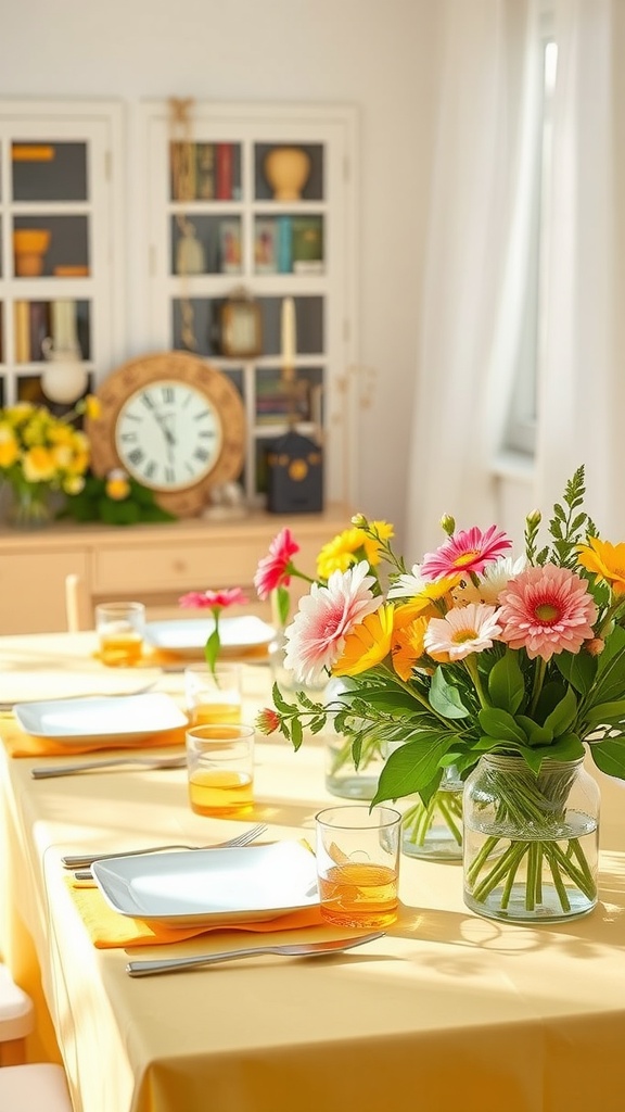 A bright and cheerful Easter tablescape featuring yellow and white colors, a floral centerpiece, and refreshing drinks.