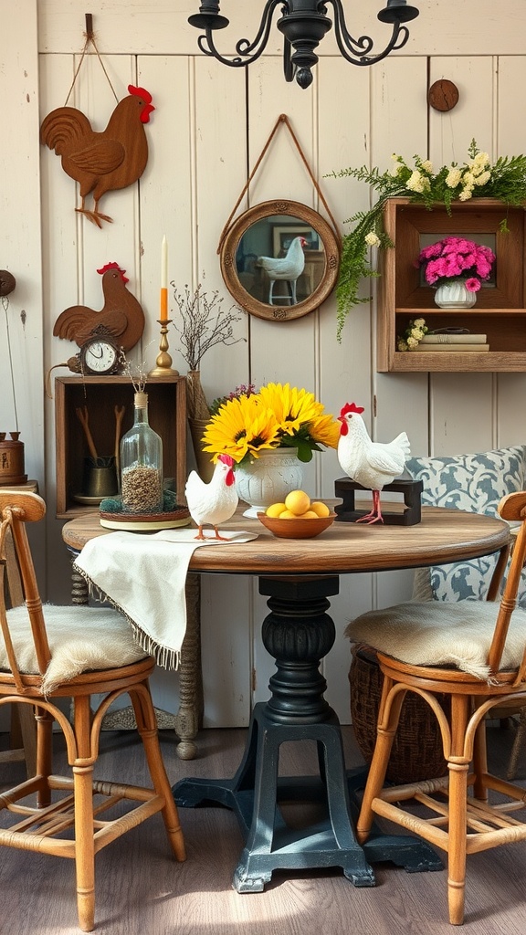 A cozy vintage farm style table setting with chicken decor, sunflowers, and lemons.
