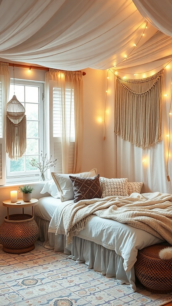 A cozy boho bedroom featuring natural textures, warm colors, and practical decor elements.