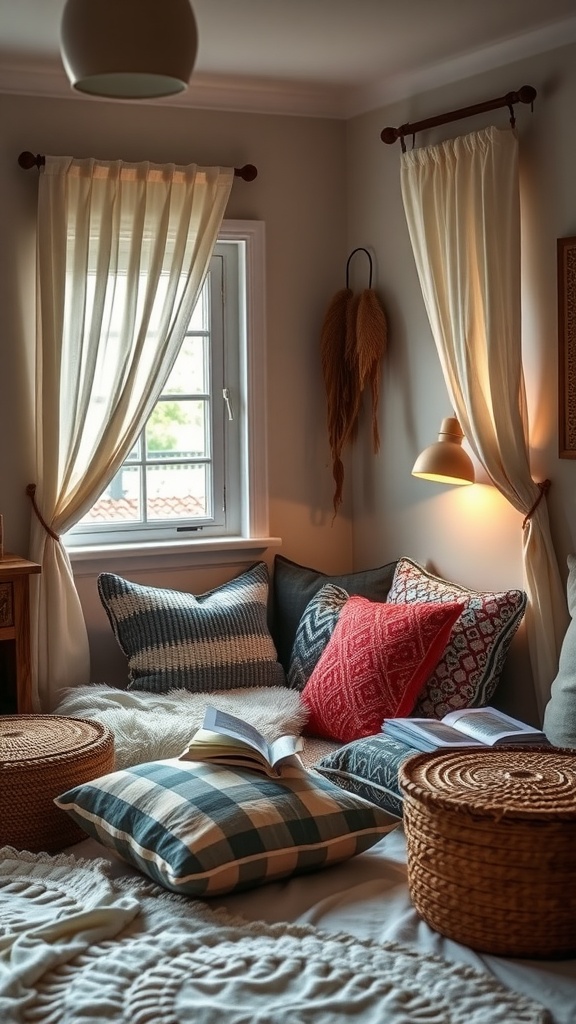 A cozy reading nook with soft pillows, an open book, and warm decor.
