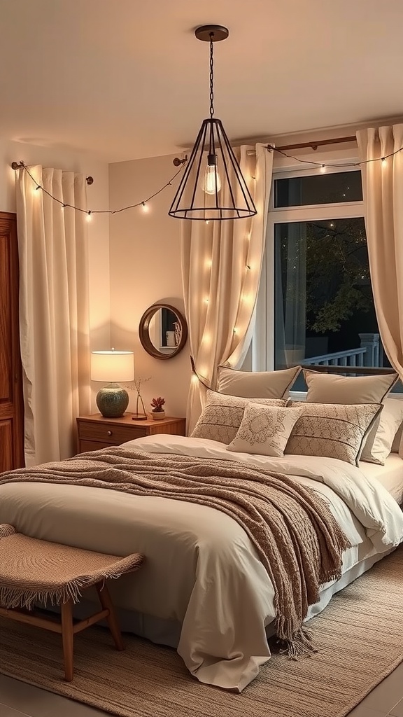 A cozy bedroom with layered lighting, featuring fairy lights and a vintage lamp.