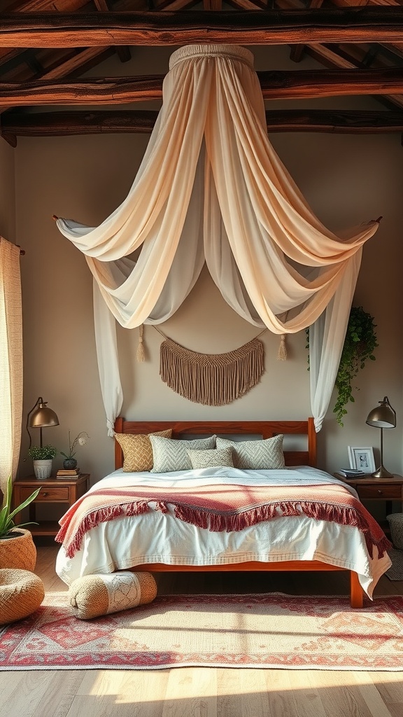 Cozy boho-style bedroom with a dreamy canopy bed made of soft fabrics.