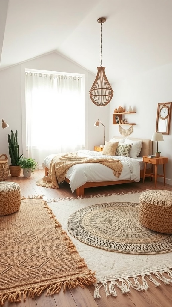 A cozy boho bedroom featuring layered area rugs, plants, and warm decor.