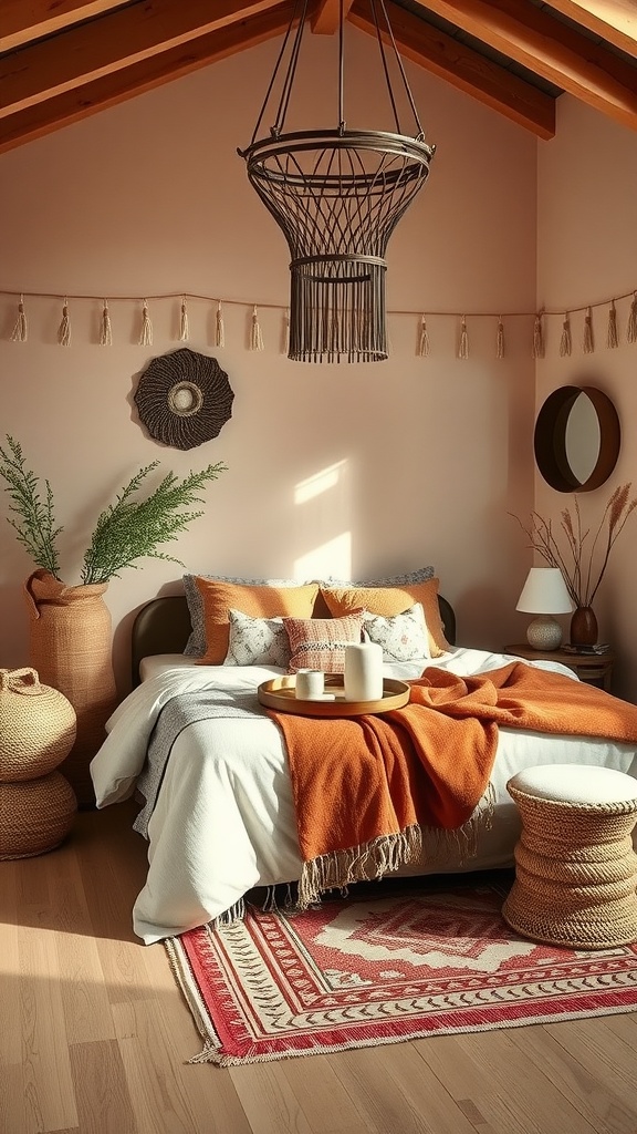 A cozy boho-style bedroom featuring earthy tones and textured fabrics.