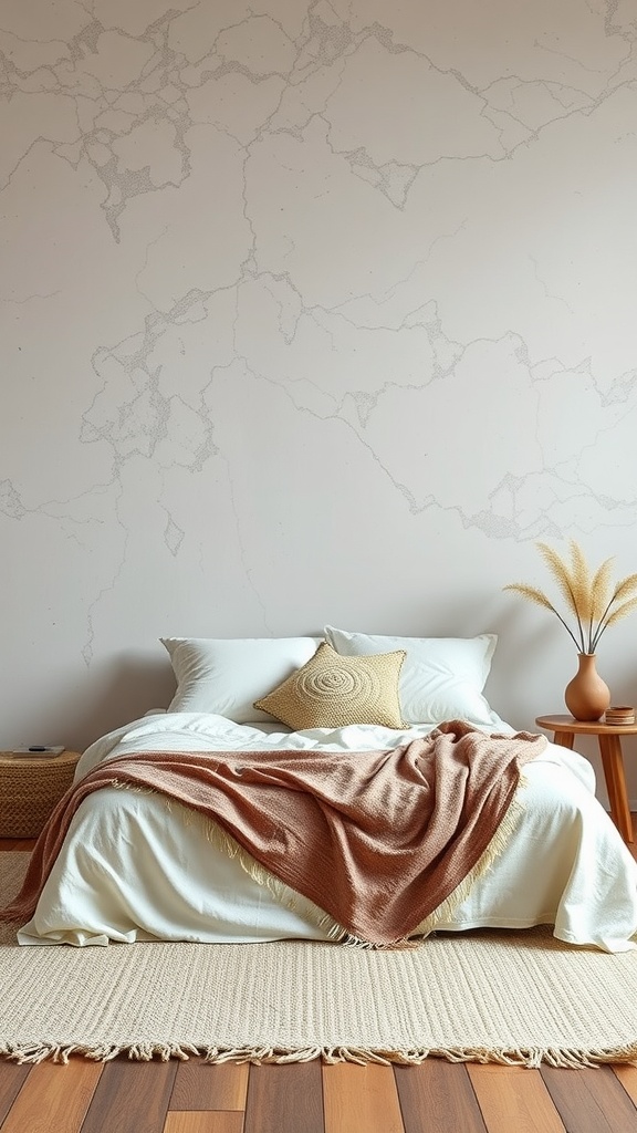 A cozy boho bedroom with textured walls and layered textiles.