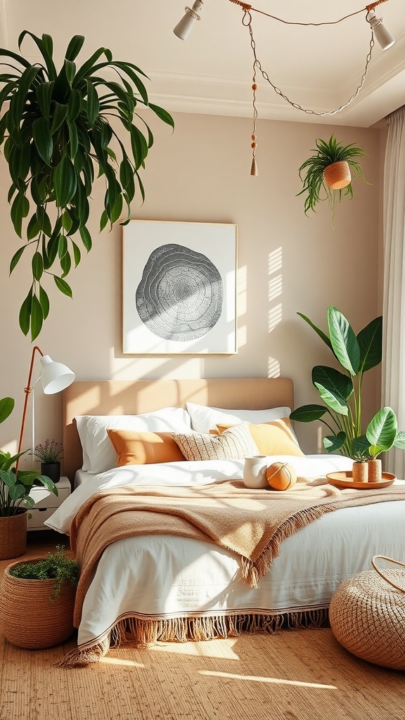 Cozy boho bedroom with various indoor plants adding freshness and life.