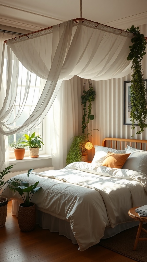 Cozy bedroom with a canopy bed surrounded by plants