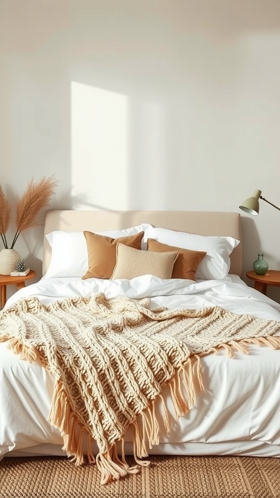 A knitted throw draped over soft white bedding on a wooden bed.