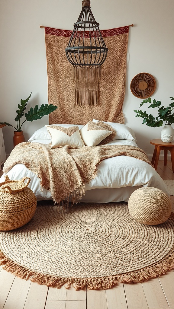 A cozy boho bedroom featuring layered rugs, soft textiles, and natural elements.