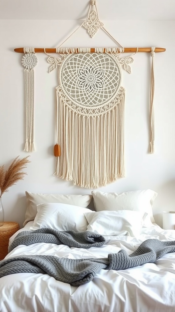 Macrame wall art hanging above a bed with cozy bedding and a knitted throw blanket