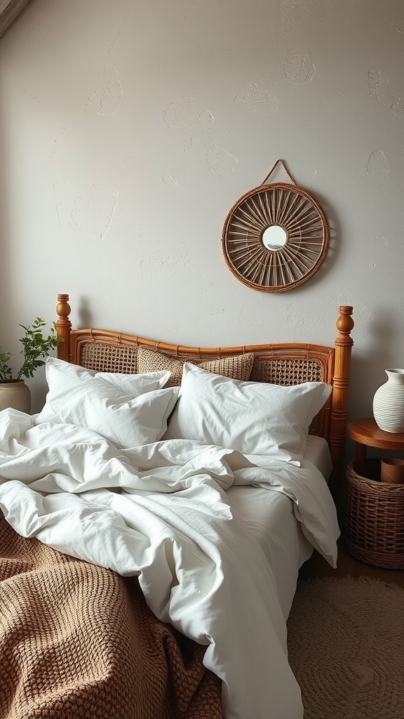 A cozy boho bedroom with a rattan bed and layered textiles.