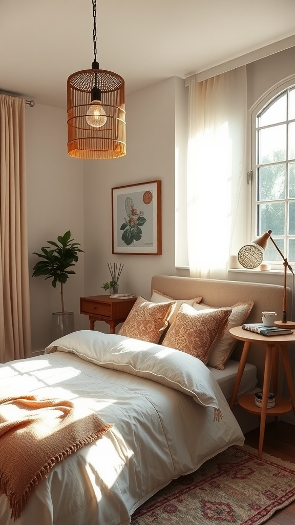 A cozy boho-style bedroom with natural light from a skylight and soft lighting elements.