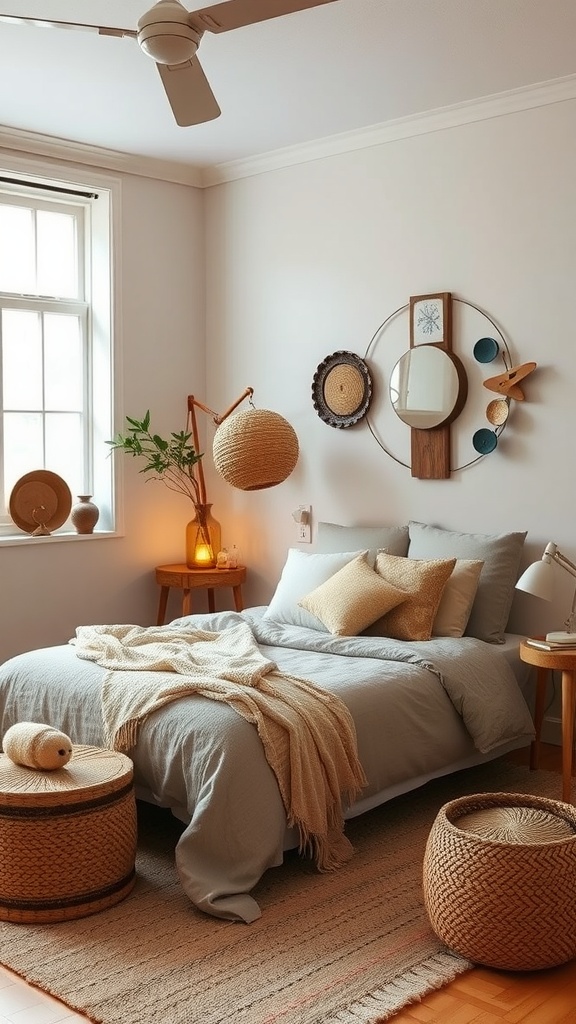 Cozy boho bedroom with vintage decor and warm lighting