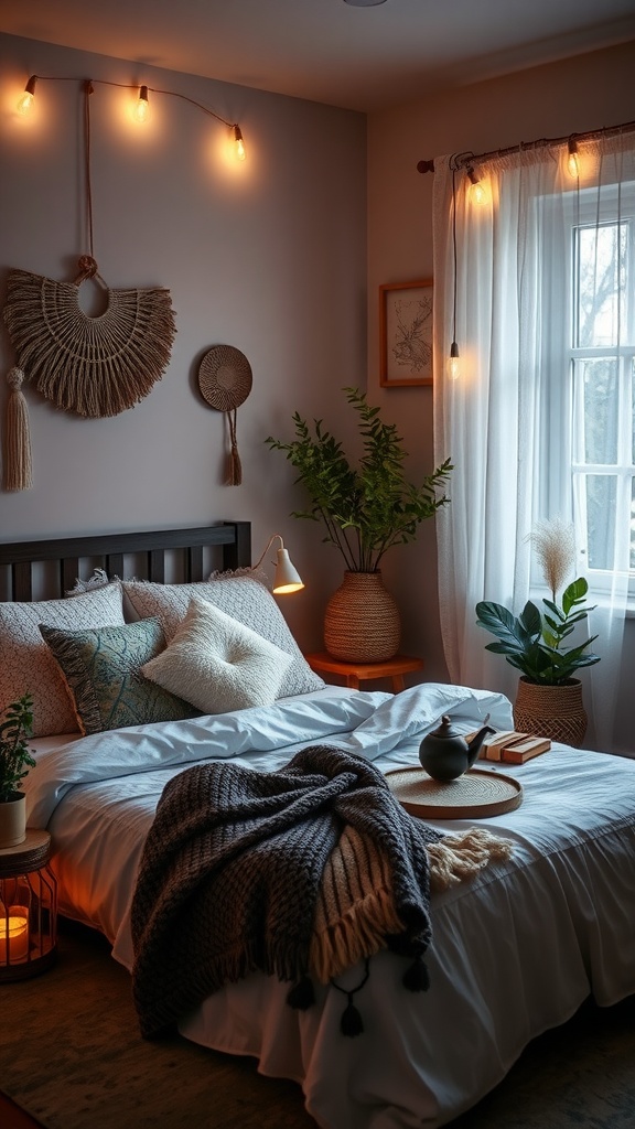 A cozy boho bedroom featuring handmade decor pieces, including wall art and woven baskets.