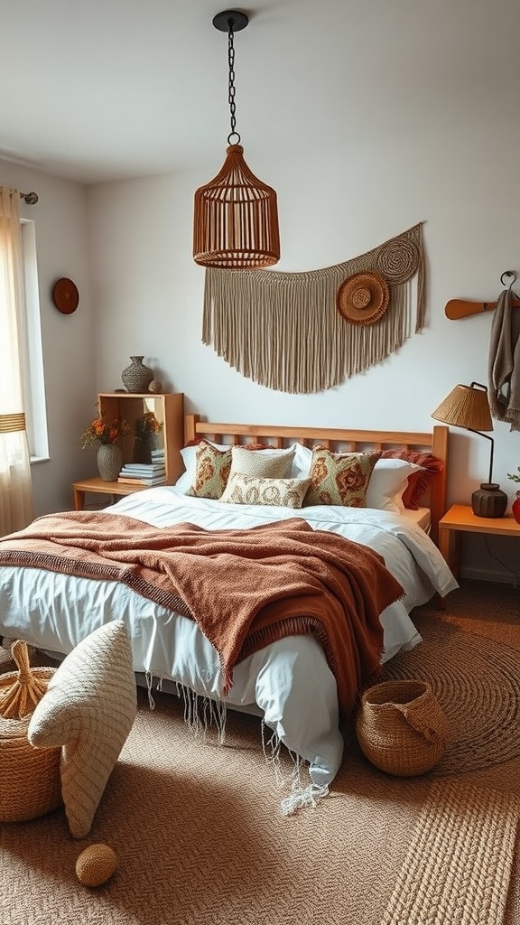 A cozy boho-style bedroom featuring earthy tones and warm textures.