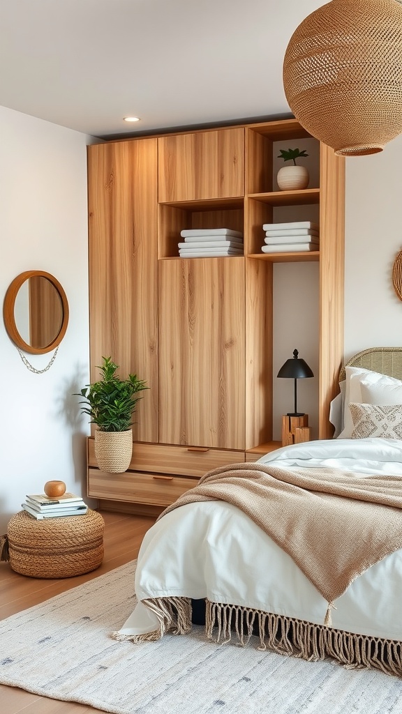 A cozy boho-style bedroom featuring natural storage solutions.